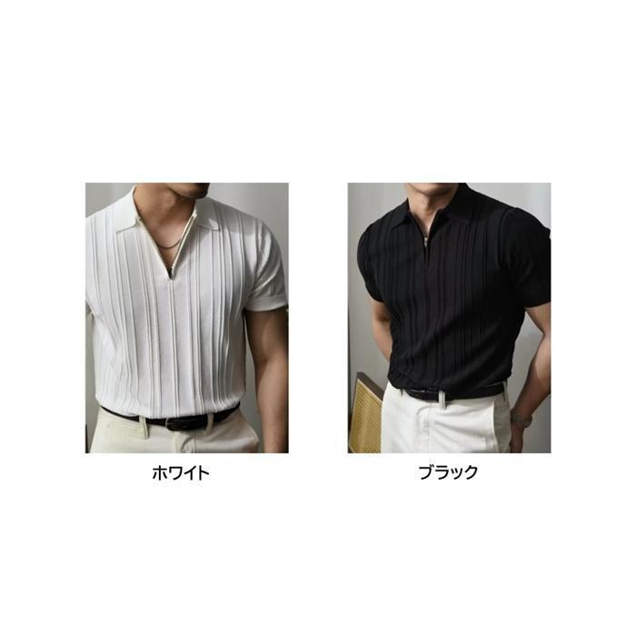 ポロシャツ メンズ 半袖 サマーニット 襟付き ハーフジップ ストライプ柄 凹凸 涼しい 蒸れない 軽い シャツ トップス カ | ブランド登録なし | 03