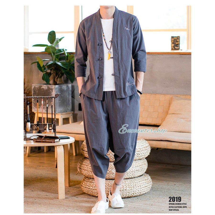 セットアップ メンズ リネン 上下セット 七分丈 サルエルパンツ 半袖 シャツ 個性 スウェット ゆったり 大きいサイズ ス アウター 夏 | ブランド登録なし | 19