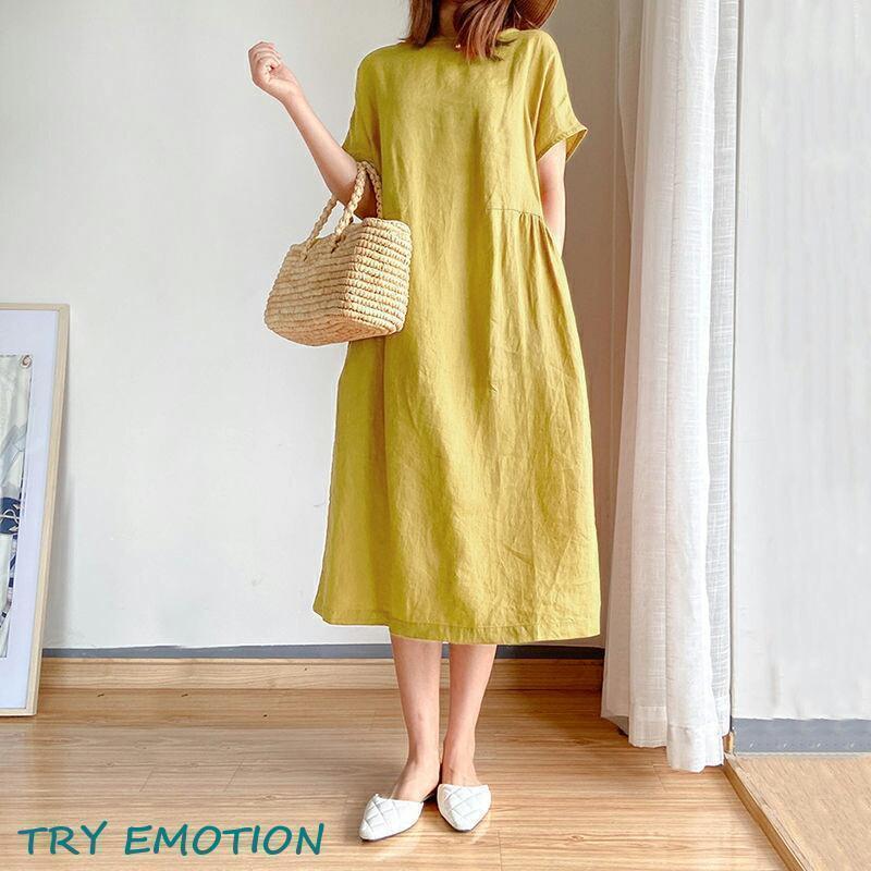 ワンピース レディース リネン 半袖 綿麻 ロング ロングワンピース ゆったり 大きいサイズ 体型カバー クルーネック 無地 綿 麻 コットン | ブランド登録なし | 08
