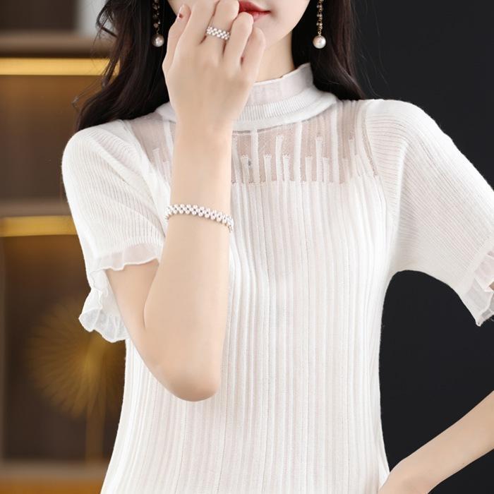 リブニット ニットTシャツ カットソー レース レディース ハイネック ス 半袖 カットソー ニットス 通勤 通学 シンプル 涼しい 無地 | ブランド登録なし | 01