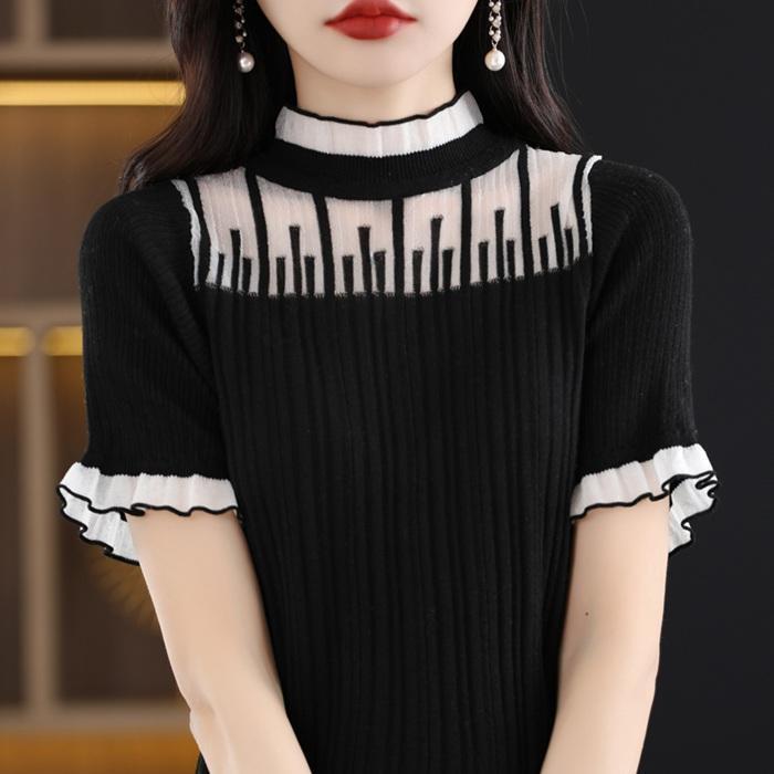 リブニット ニットTシャツ カットソー レース レディース ハイネック ス 半袖 カットソー ニットス 通勤 通学 シンプル 涼しい 無地 | ブランド登録なし | 02