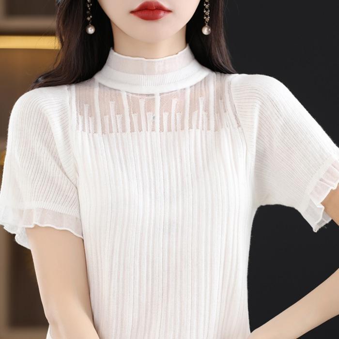 リブニット ニットTシャツ カットソー レース レディース ハイネック ス 半袖 カットソー ニットス 通勤 通学 シンプル 涼しい 無地 | ブランド登録なし | 05