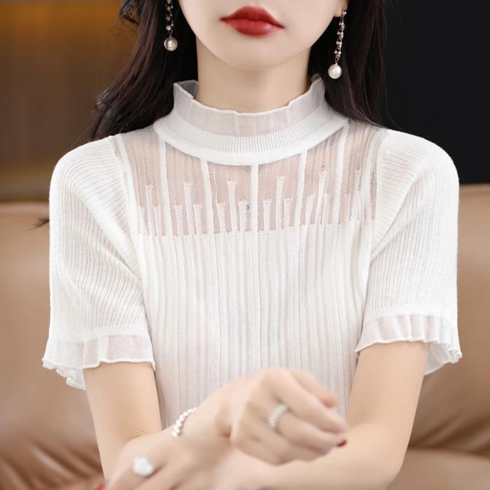 リブニット ニットTシャツ カットソー レース レディース ハイネック ス 半袖 カットソー ニットス 通勤 通学 シンプル 涼しい 無地 | ブランド登録なし | 06