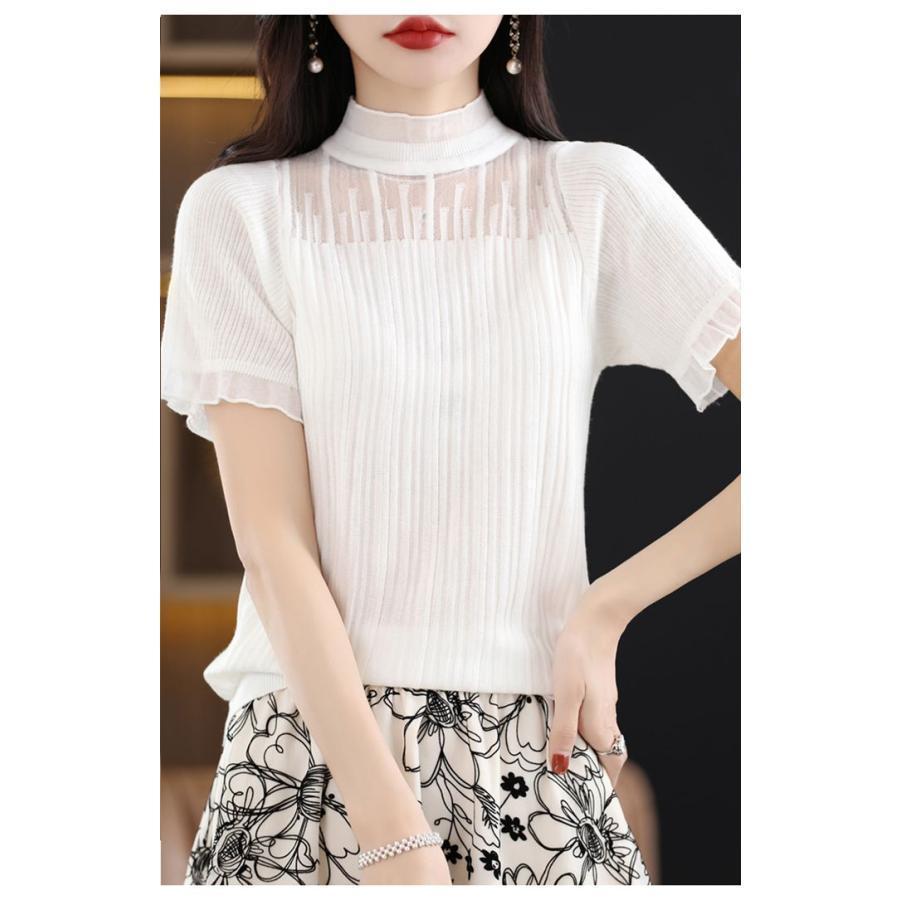 リブニット ニットTシャツ カットソー レース レディース ハイネック ス 半袖 カットソー ニットス 通勤 通学 シンプル 涼しい 無地 | ブランド登録なし | 07