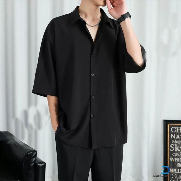 シャツ 接触冷感 涼しい ロングシャツ シワにならない ドルマン アイスシルクシャツ メンズ ストリート ビッグシルエット オーバーサイズ 五分袖 | ブランド登録なし | 02
