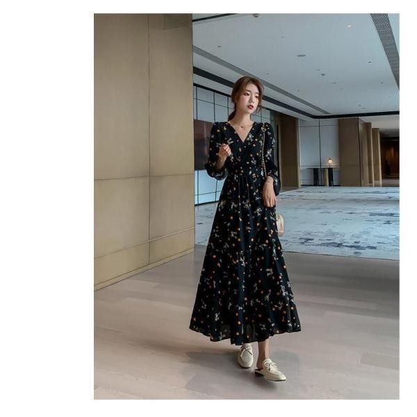 ワンピースドレス レディース 春秋 マキシ丈花柄 シフォン 長袖 ドット柄 ロング丈ワンピース きれいめ 韓国風 結婚式 ドレス 着痩せ オシャレ | ブランド登録なし | 18