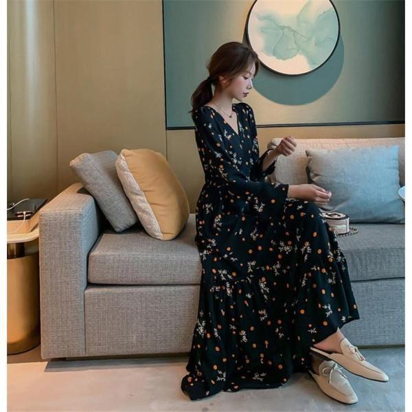 ワンピースドレス レディース 春秋 マキシ丈花柄 シフォン 長袖 ドット柄 ロング丈ワンピース きれいめ 韓国風 結婚式 ドレス 着痩せ オシャレ | ブランド登録なし | 01