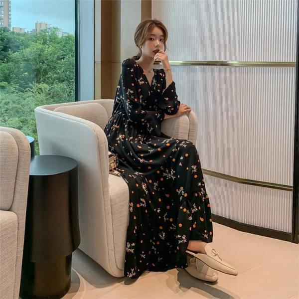 ワンピースドレス レディース 春秋 マキシ丈花柄 シフォン 長袖 ドット柄 ロング丈ワンピース きれいめ 韓国風 結婚式 ドレス 着痩せ オシャレ | ブランド登録なし | 02
