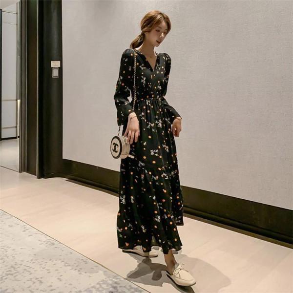 ワンピースドレス レディース 春秋 マキシ丈花柄 シフォン 長袖 ドット柄 ロング丈ワンピース きれいめ 韓国風 結婚式 ドレス 着痩せ オシャレ | ブランド登録なし | 05