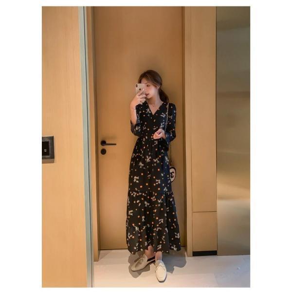 ワンピースドレス レディース 春秋 マキシ丈花柄 シフォン 長袖 ドット柄 ロング丈ワンピース きれいめ 韓国風 結婚式 ドレス 着痩せ オシャレ | ブランド登録なし | 07