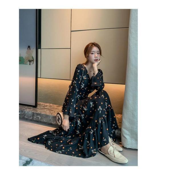 ワンピースドレス レディース 春秋 マキシ丈花柄 シフォン 長袖 ドット柄 ロング丈ワンピース きれいめ 韓国風 結婚式 ドレス 着痩せ オシャレ | ブランド登録なし | 09