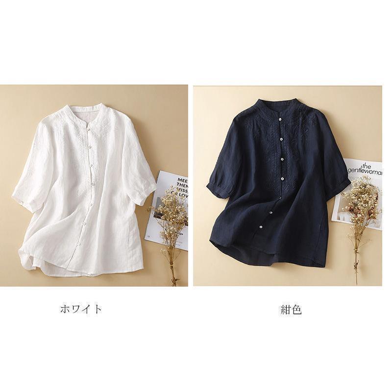 シャツ ス レディース 半袖 夏 シャツブラウス 綿麻シャツ ブラウス 無地 刺繍 チュニック 半袖シャツ 大きいサイズあり 前開け 通気性 | ブランド登録なし | 03