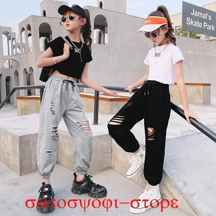 白 tシャツ 韓国 キッズ ダンスウェア 女の子 ショート丈 tシャツ へそ出し ス 白 ハーフ 黒 パンツ ダメージ加工 | ブランド登録なし | 01