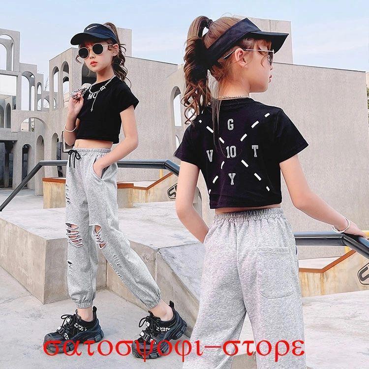 白 tシャツ 韓国 キッズ ダンスウェア 女の子 ショート丈 tシャツ へそ出し ス 白 ハーフ 黒 パンツ ダメージ加工 | ブランド登録なし | 02