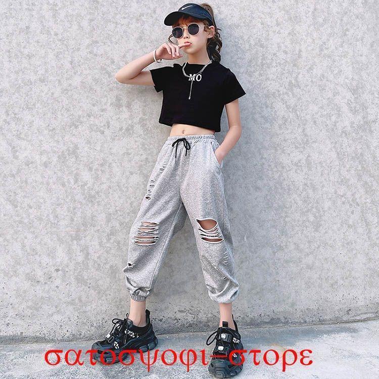 白 tシャツ 韓国 キッズ ダンスウェア 女の子 ショート丈 tシャツ へそ出し ス 白 ハーフ 黒 パンツ ダメージ加工 | ブランド登録なし | 04