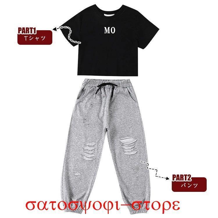 白 tシャツ 韓国 キッズ ダンスウェア 女の子 ショート丈 tシャツ へそ出し ス 白 ハーフ 黒 パンツ ダメージ加工 | ブランド登録なし | 08