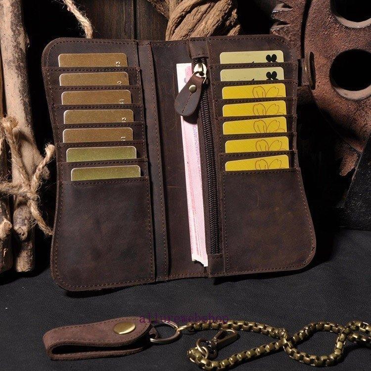 アンティーク 長財布 スナップ 二つ折り 財布 バイカーズ 小銭入れ付き ウォレット レザー カードケース 金属チェーン付き 14カード入れ | ブランド登録なし | 03
