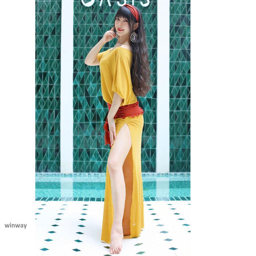 ベリーダンス衣装 ロング丈 ワンピース おしゃれ ベリーダンス 衣装 髪飾りのベール付き ストレッチ素材 動きやすい ダンス レッスン着 インナーパンツ付き か | ブランド登録なし | 06