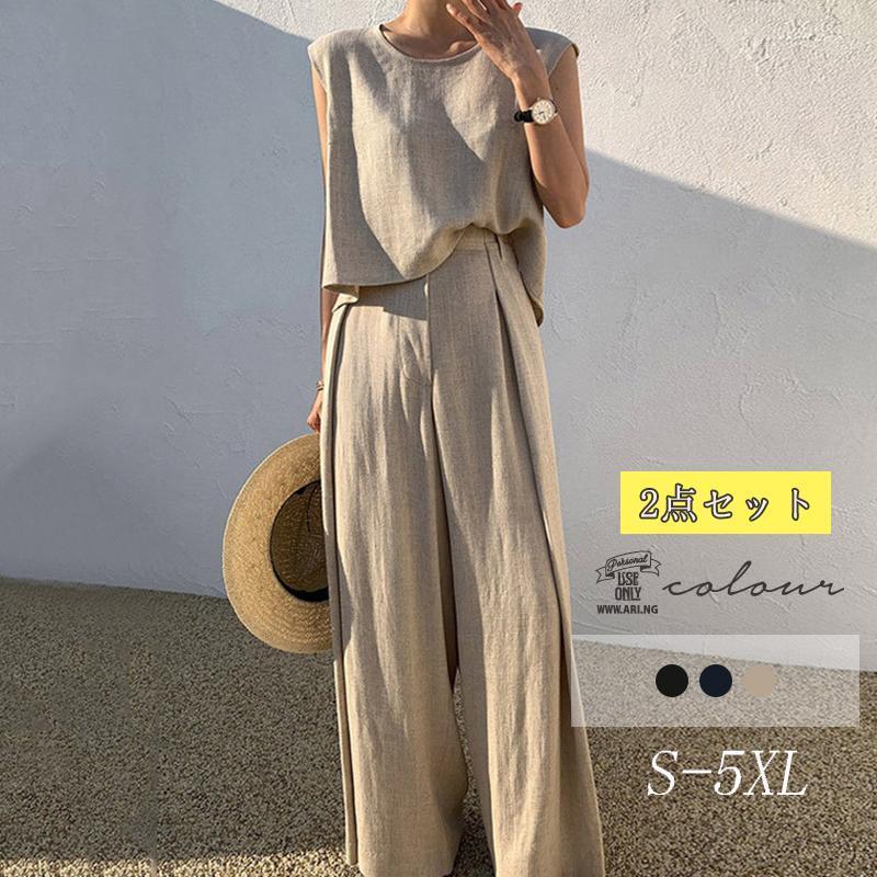 セットアップ レディース スラックス 2点セット 綿麻混 tシャツ ゆったり 体型カバー 大きいサイズ 新作 着痩せ 30代 40代 50代 夏物 | 