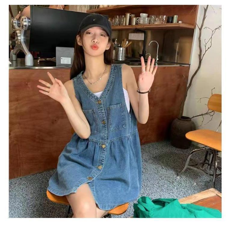 デニムベスト デニム ベスト ロング Vネック ジレ デニムワンピース トップス ノースリーブ レディース レイヤード ミニワンピ 着回しやすい 体型カバー | ブランド登録なし | 11