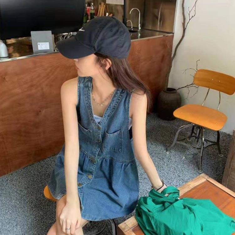デニムベスト デニム ベスト ロング Vネック ジレ デニムワンピース トップス ノースリーブ レディース レイヤード ミニワンピ 着回しやすい 体型カバー | ブランド登録なし | 04