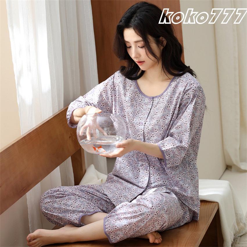 部屋着 レディース パジャマ ルームウェア セットアップ アウター ボタン留め 上着 七分袖 ズボン 花柄 母親 カジュアル服 春夏 女子上下セット | ブランド登録なし | 01