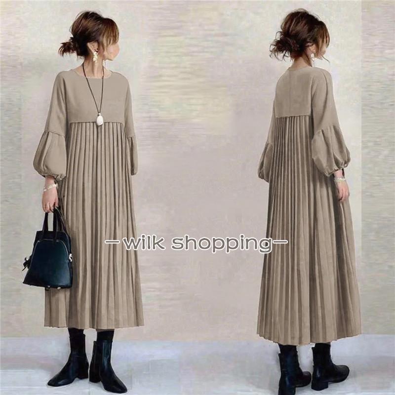 プリーツワンピース 長袖 レディース 秋服 パフスリーブ 丸首 ロングワンピース お呼ばれワンピース 大人きれいめエレガント リゾート 黒 ブラック | ブランド登録なし | 02