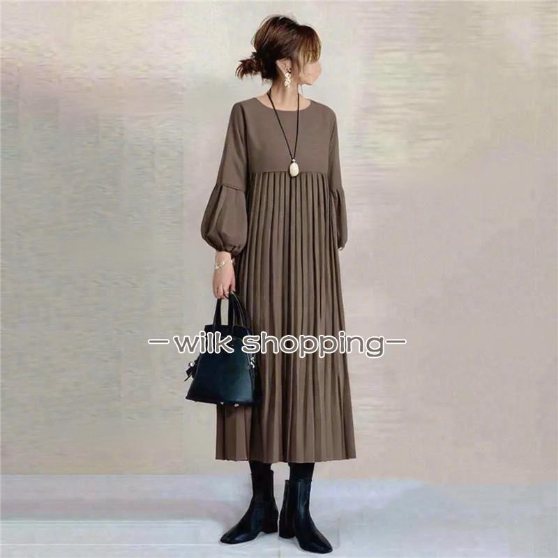 プリーツワンピース 長袖 レディース 秋服 パフスリーブ 丸首 ロングワンピース お呼ばれワンピース 大人きれいめエレガント リゾート 黒 ブラック | ブランド登録なし | 04