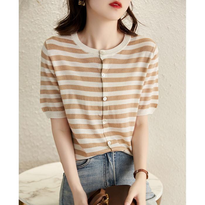 ニット Tシャツ カットソー 半袖 レディース サマーニット ス 半袖ニット シンプル 涼しい ボーダー 冷房対策 きれいめ | ブランド登録なし | 01