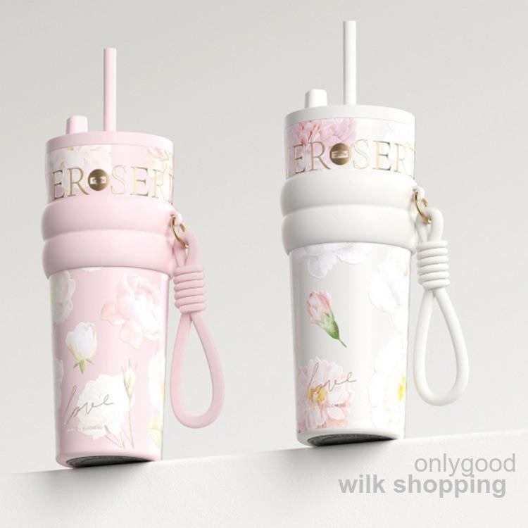 ストロー付きタンブラー セラミック 蓋付き 水筒 持ち運び 710ml 大容量 水筒 花柄 ストローマグ コーヒーカップ 保冷 保温 ステンレスボトル | ブランド登録なし | 01