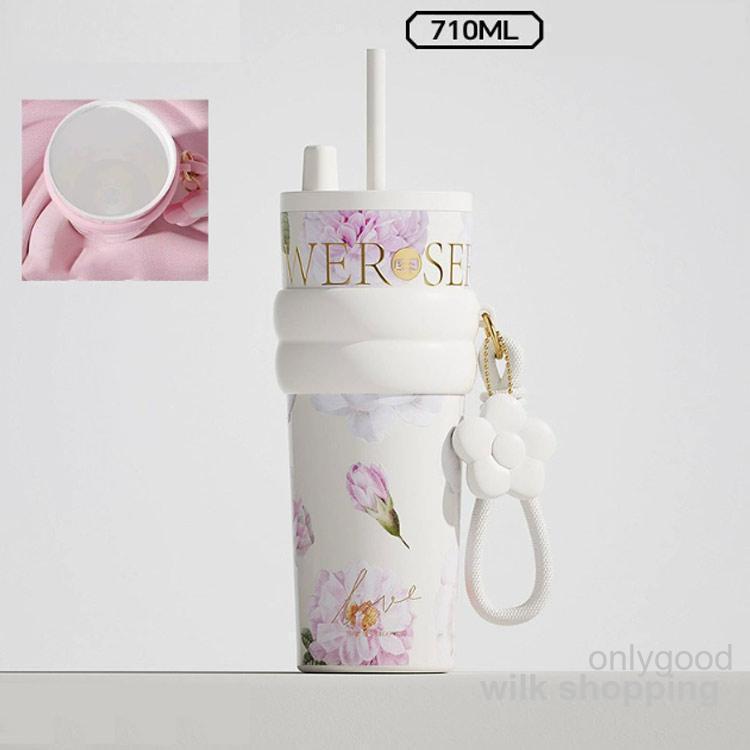 ストロー付きタンブラー セラミック 蓋付き 水筒 持ち運び 710ml 大容量 水筒 花柄 ストローマグ コーヒーカップ 保冷 保温 ステンレスボトル | ブランド登録なし | 02