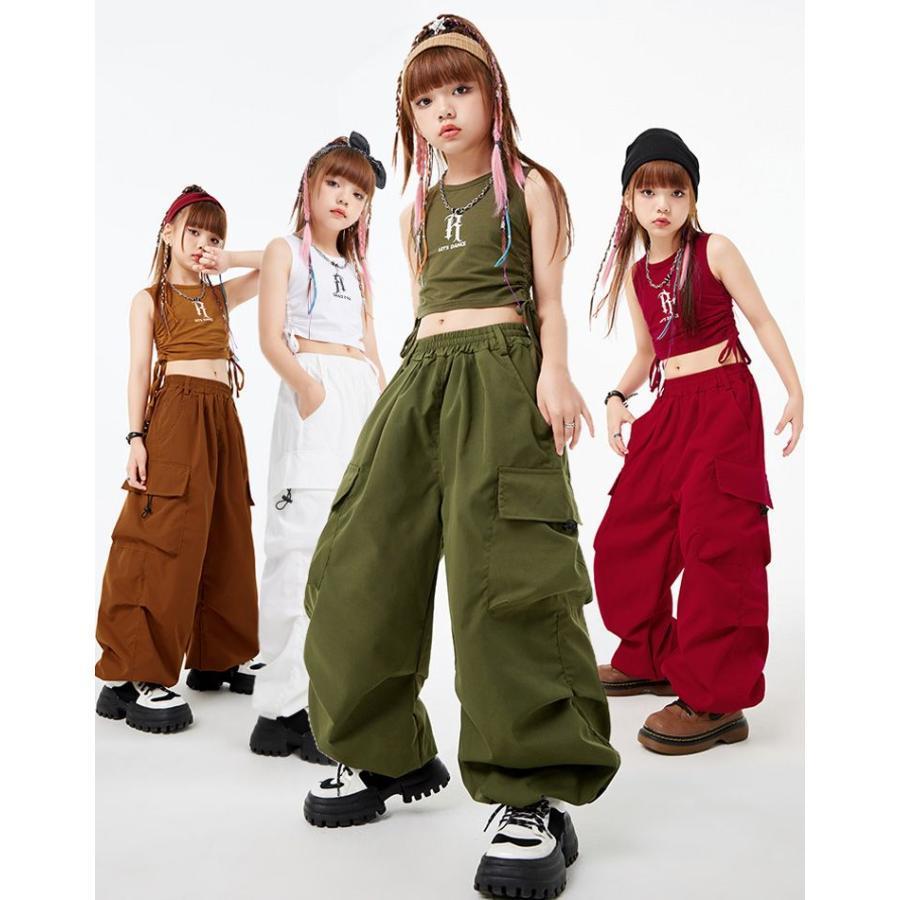 へそ出し ス キッズ ダンス衣装 カーゴパンツ 白 パンツ ヒップホップ 4色 ダンク 袖なし 赤 ブラウン 緑 ガールズ キッズダンス衣装 女の子 | ブランド登録なし | 01