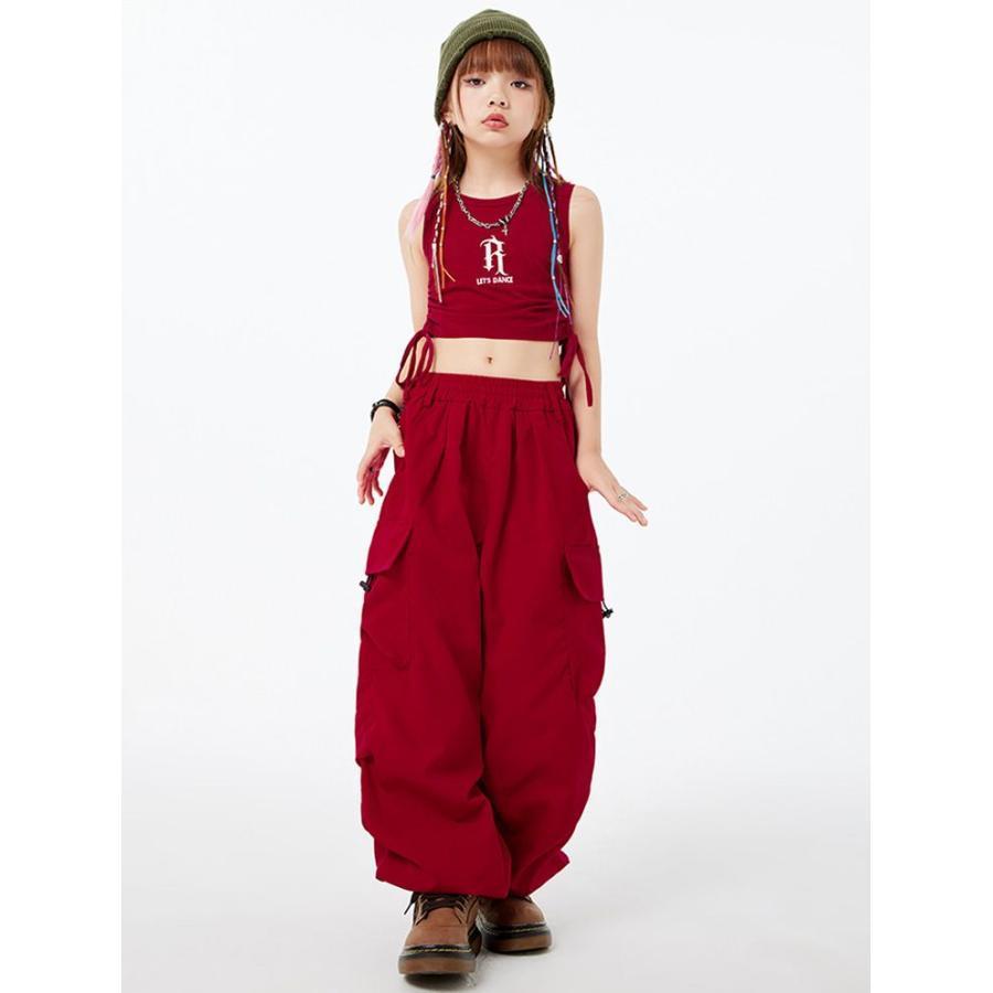 へそ出し ス キッズ ダンス衣装 カーゴパンツ 白 パンツ ヒップホップ 4色 ダンク 袖なし 赤 ブラウン 緑 ガールズ キッズダンス衣装 女の子 | ブランド登録なし | 02