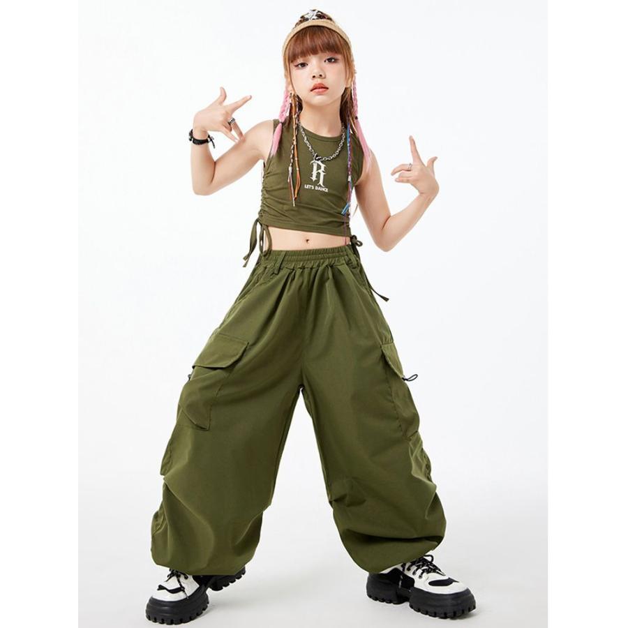 へそ出し ス キッズ ダンス衣装 カーゴパンツ 白 パンツ ヒップホップ 4色 ダンク 袖なし 赤 ブラウン 緑 ガールズ キッズダンス衣装 女の子 | ブランド登録なし | 05