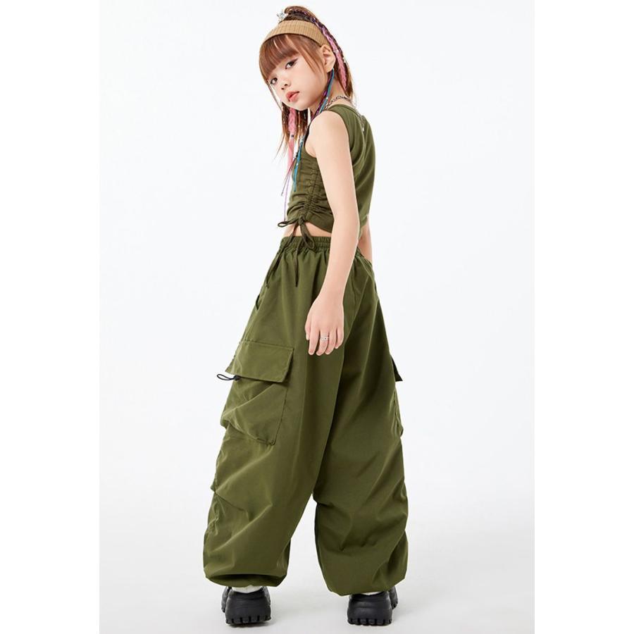 へそ出し ス キッズ ダンス衣装 カーゴパンツ 白 パンツ ヒップホップ 4色 ダンク 袖なし 赤 ブラウン 緑 ガールズ キッズダンス衣装 女の子 | ブランド登録なし | 06