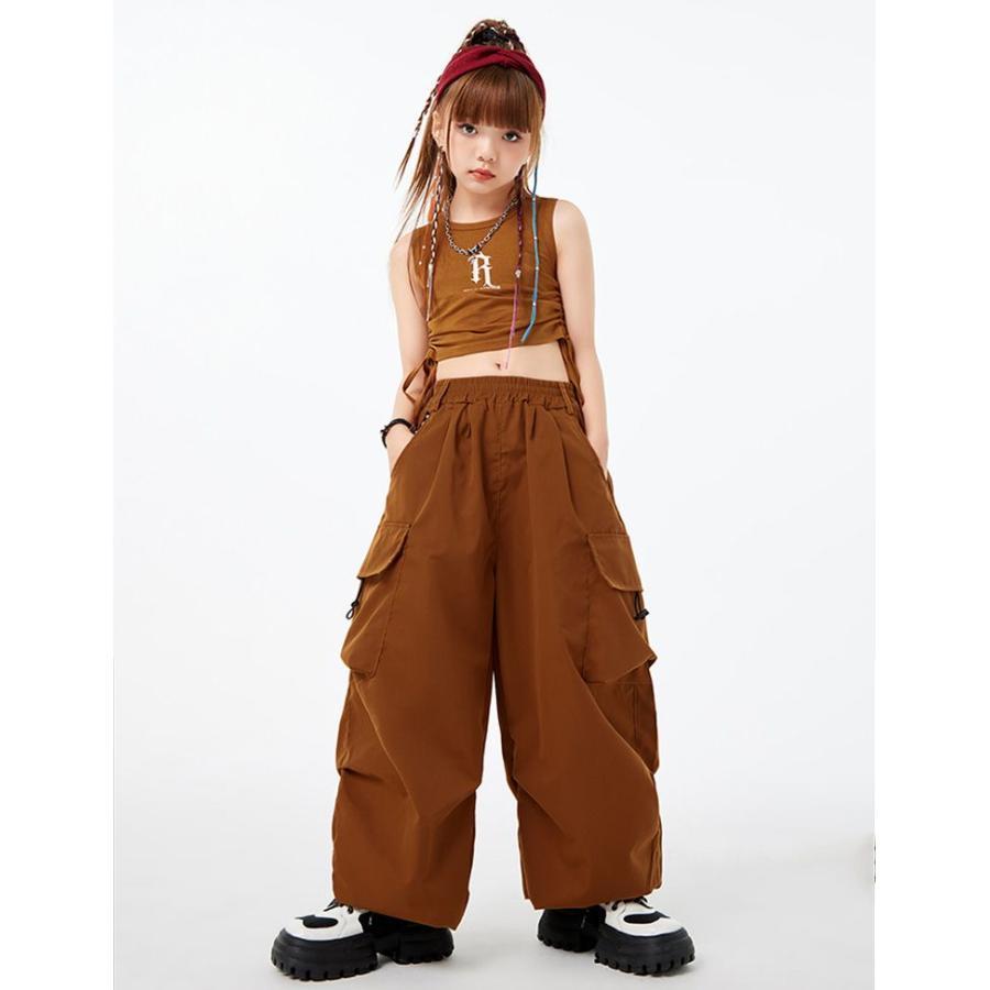へそ出し ス キッズ ダンス衣装 カーゴパンツ 白 パンツ ヒップホップ 4色 ダンク 袖なし 赤 ブラウン 緑 ガールズ キッズダンス衣装 女の子 | ブランド登録なし | 07