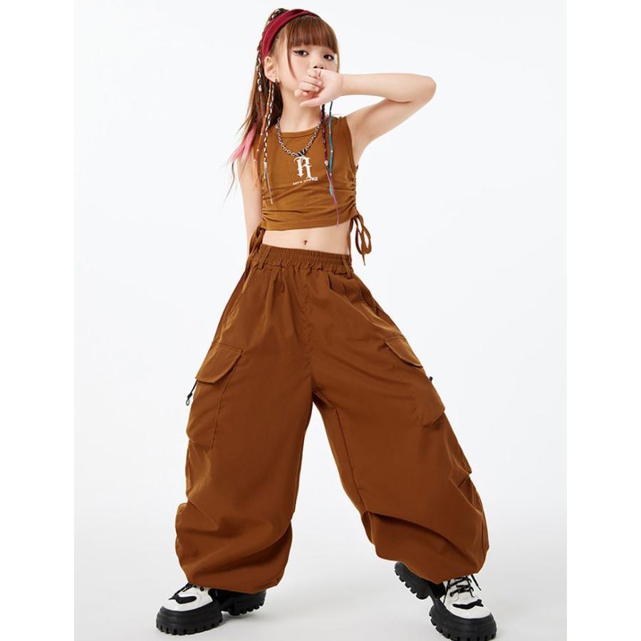 へそ出し ス キッズ ダンス衣装 カーゴパンツ 白 パンツ ヒップホップ 4色 ダンク 袖なし 赤 ブラウン 緑 ガールズ キッズダンス衣装 女の子 | ブランド登録なし | 08