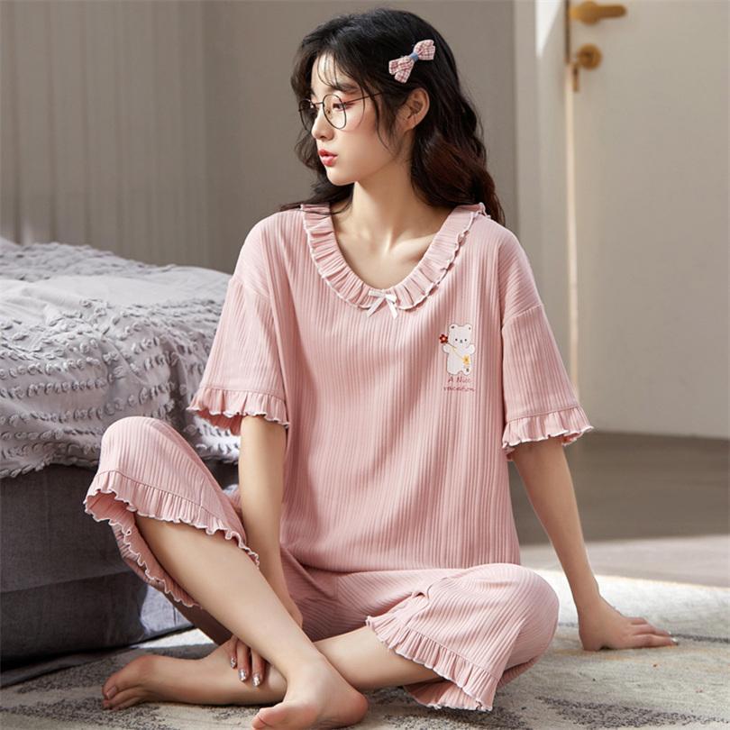 部屋着 レディース パジャマ ルームウェア セットアップ 半袖 Tシャツ フリル 綿 クロップドパンツ 七分丈 ピンク カジュアル服 春夏 女子 | ブランド登録なし
