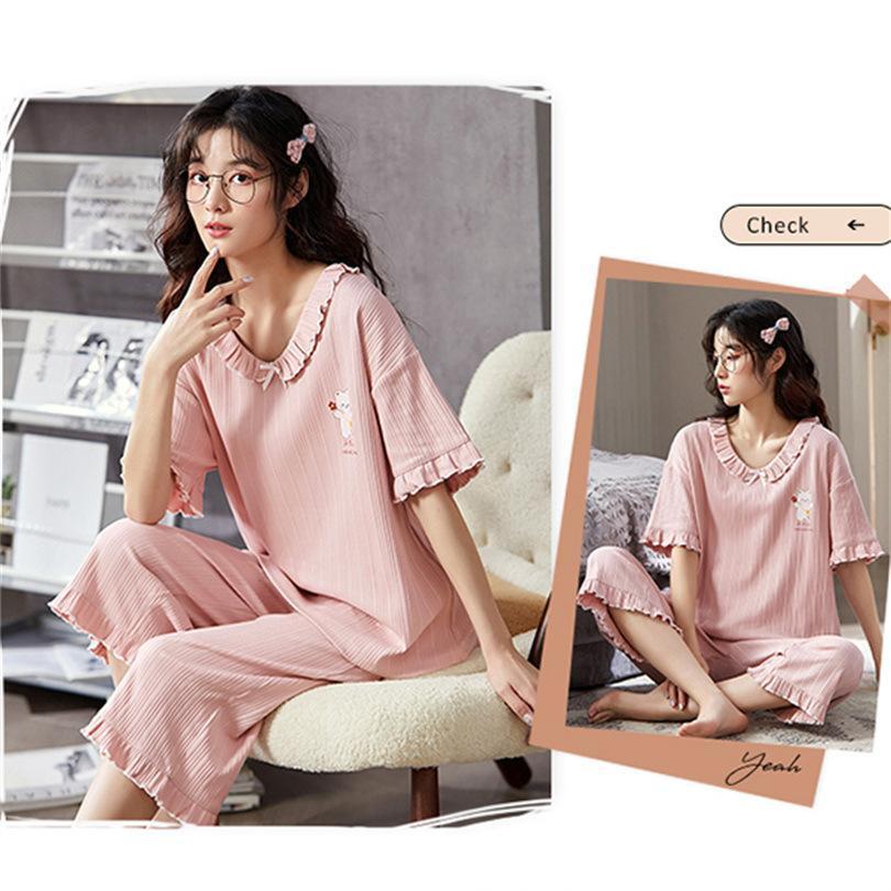 部屋着 レディース パジャマ ルームウェア セットアップ 半袖 Tシャツ フリル 綿 クロップドパンツ 七分丈 ピンク カジュアル服 春夏 女子 | ブランド登録なし | 02