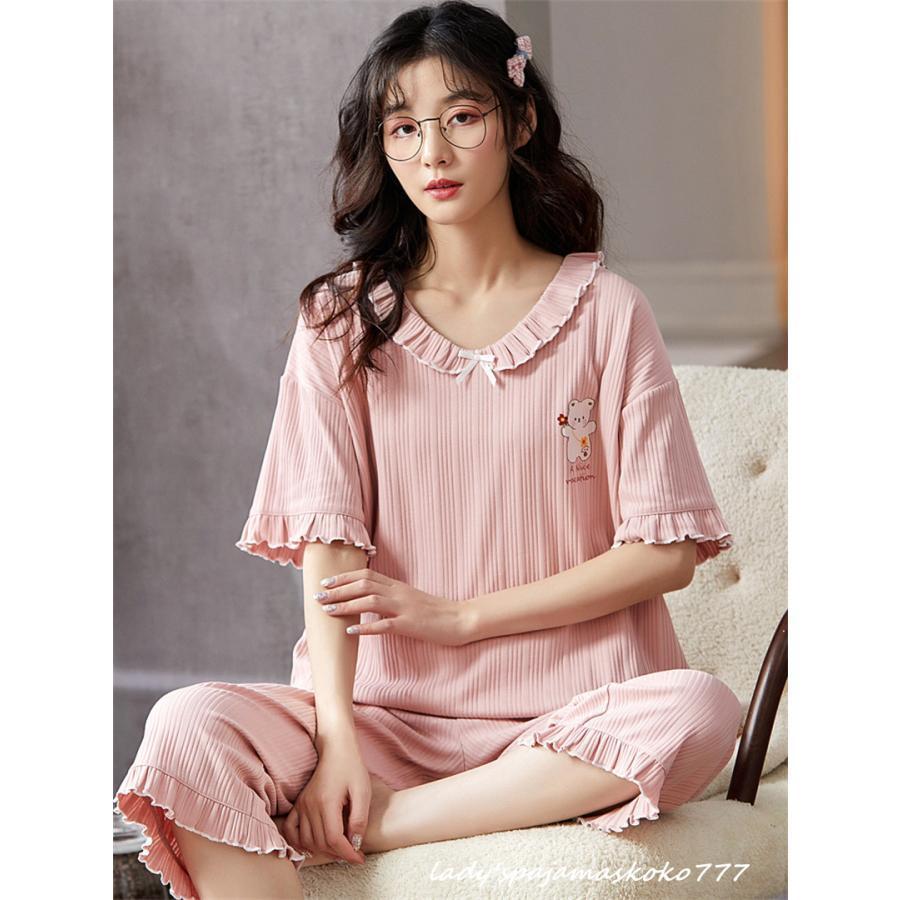 部屋着 レディース パジャマ ルームウェア セットアップ 半袖 Tシャツ フリル 綿 クロップドパンツ 七分丈 ピンク カジュアル服 春夏 女子 | ブランド登録なし | 03