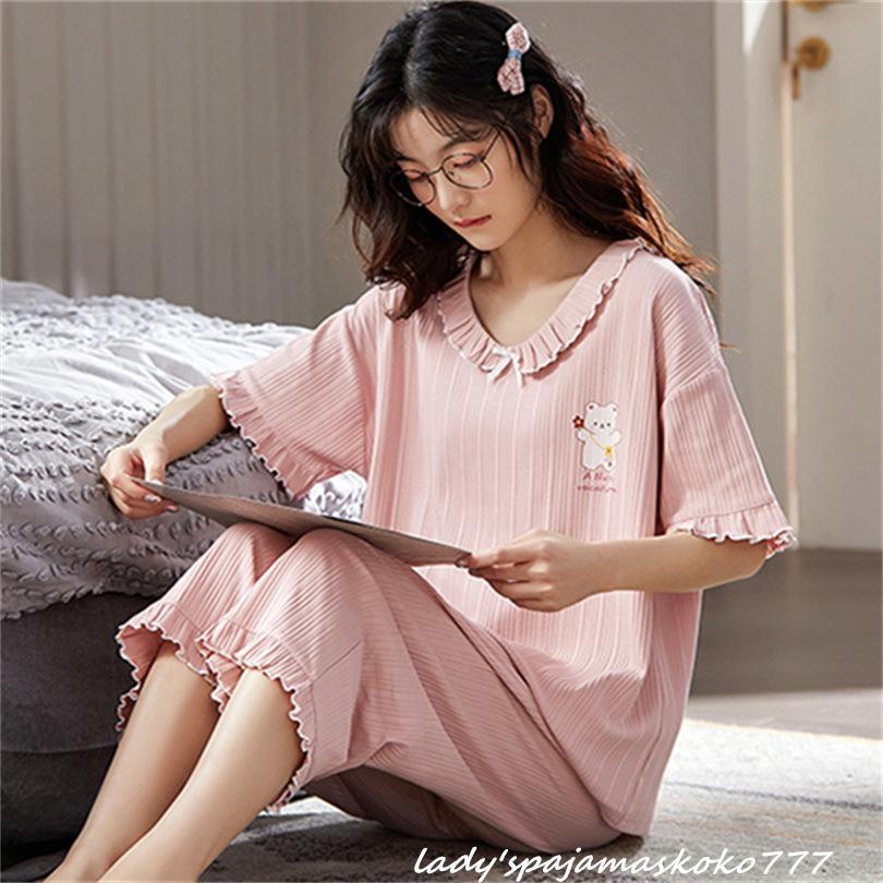 部屋着 レディース パジャマ ルームウェア セットアップ 半袖 Tシャツ フリル 綿 クロップドパンツ 七分丈 ピンク カジュアル服 春夏 女子 | ブランド登録なし | 04