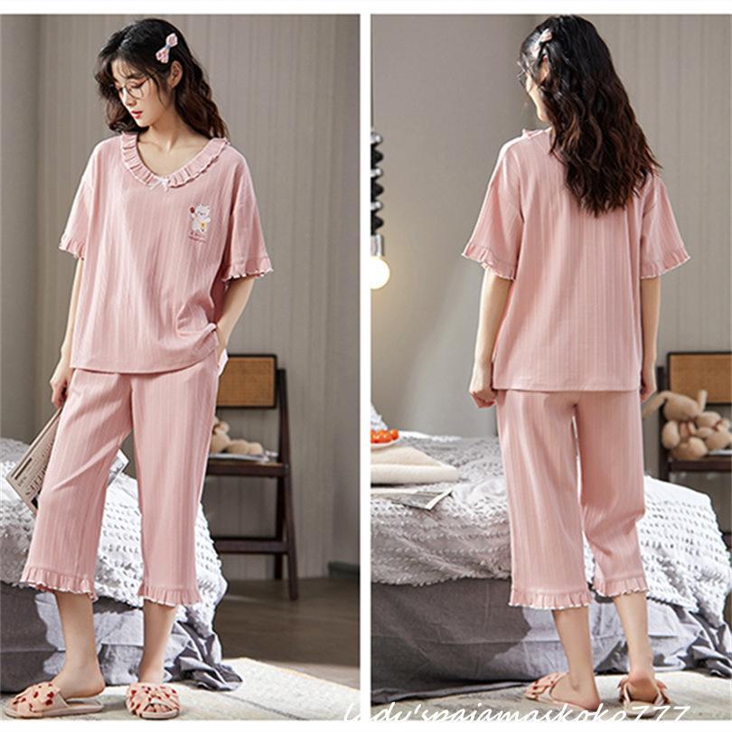 部屋着 レディース パジャマ ルームウェア セットアップ 半袖 Tシャツ フリル 綿 クロップドパンツ 七分丈 ピンク カジュアル服 春夏 女子 | ブランド登録なし | 05