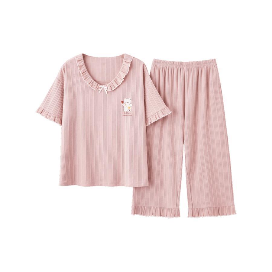 部屋着 レディース パジャマ ルームウェア セットアップ 半袖 Tシャツ フリル 綿 クロップドパンツ 七分丈 ピンク カジュアル服 春夏 女子 | ブランド登録なし | 06