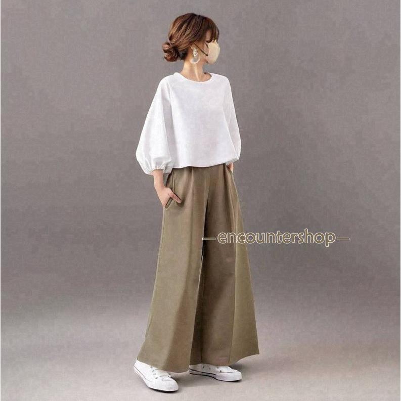 セットアップ レディース 夏 秋服 ス ブラウス ショート丈 プルオーバー 丸首 七分袖 八分 ボトムズ ワイドパンツ ポケット付き ウエストゴム | ブランド登録なし | 01