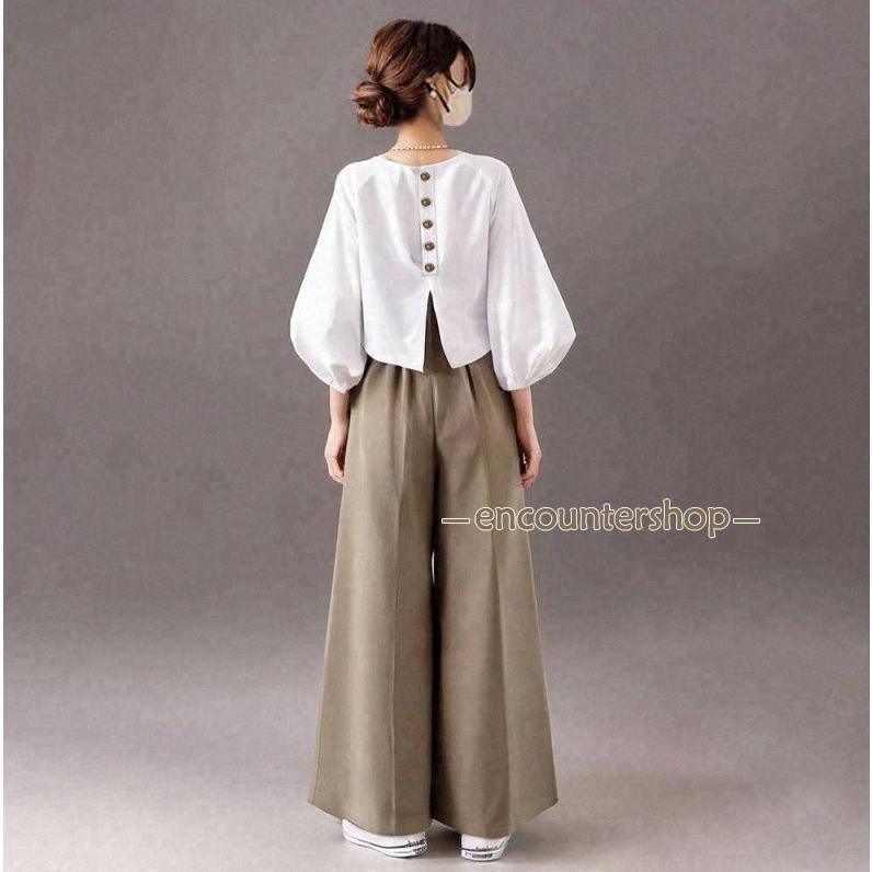 セットアップ レディース 夏 秋服 ス ブラウス ショート丈 プルオーバー 丸首 七分袖 八分 ボトムズ ワイドパンツ ポケット付き ウエストゴム | ブランド登録なし | 02