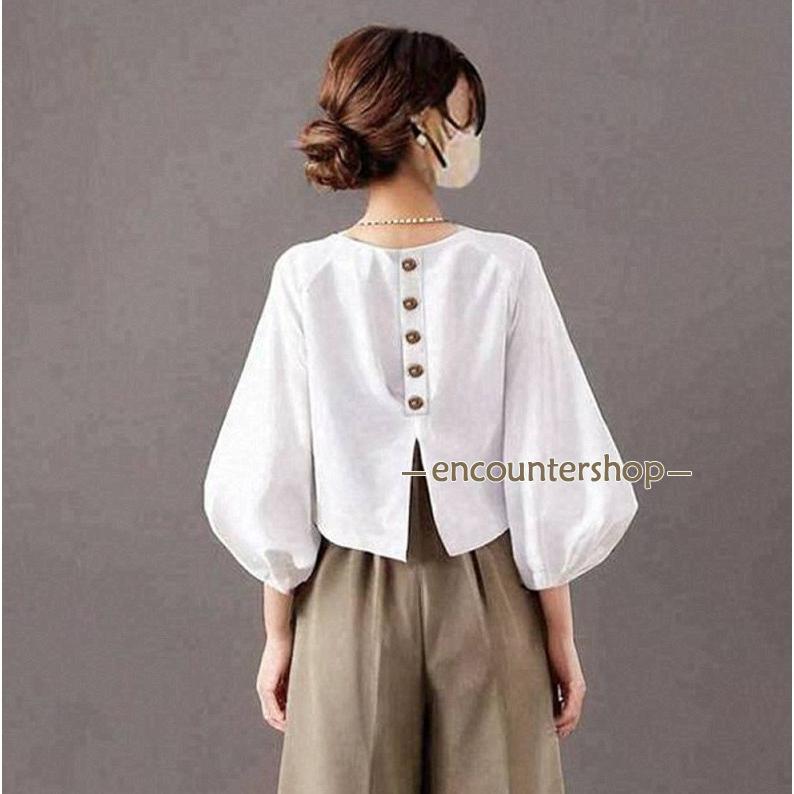 セットアップ レディース 夏 秋服 ス ブラウス ショート丈 プルオーバー 丸首 七分袖 八分 ボトムズ ワイドパンツ ポケット付き ウエストゴム | ブランド登録なし | 03