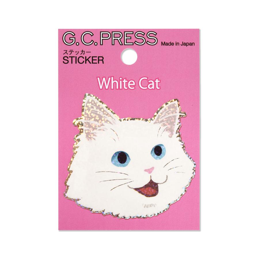 G.C.PRESS　ステッカー　猫顔　白ネコ　523-08｜白猫 猫 キャット 動物 シール フレークステッカー スマホ スーツケース | 