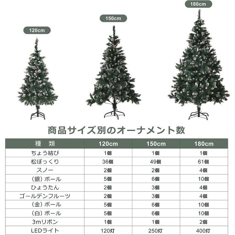 Kozomyer クリスマスツリー 120~180cm セット LEDライト付き オーナメントセット 雪化粧 豊富な枝数 スチール脚 北欧 - 5