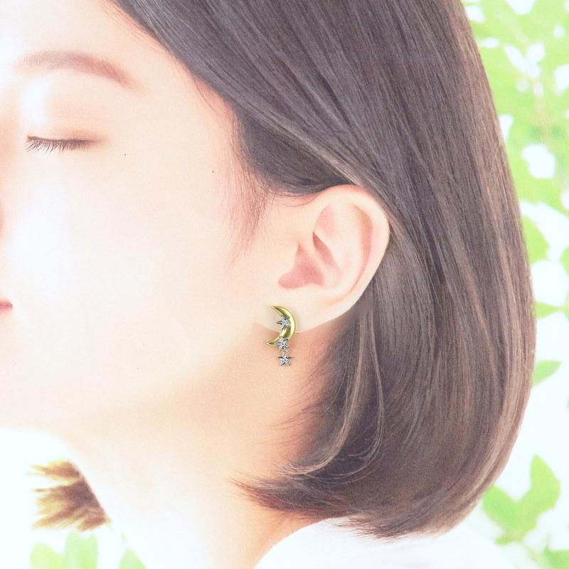 石川暢子 アズタイム ピアス K18YG×Pt900 ムーン＆スター ダイヤ入り