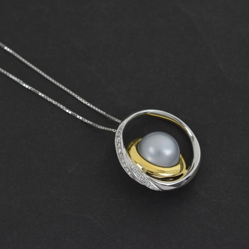 ネックレス レディース Pt850×900×K18YG グレーパール 約14mm ダイヤ 